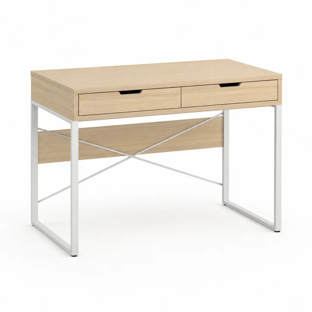 Scrivania tradizionale con 2 cassetti 120 x 60 x 75 cm in pannello truciolare e acciaio bianco rovere chiaro