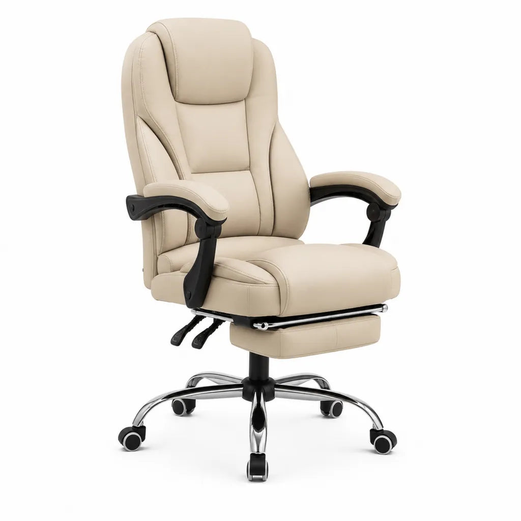 Sedia da ufficio direzionale reclinabile in PU crema con poggiapiedi estraibile 66 x 70 x 112-122 cm