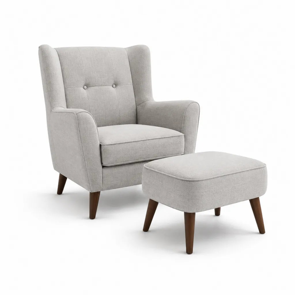 Poltrona relax con poggiapiedi imbottita in poliestere grigio con gambe in legno massello 75 x 84 x 101 cm