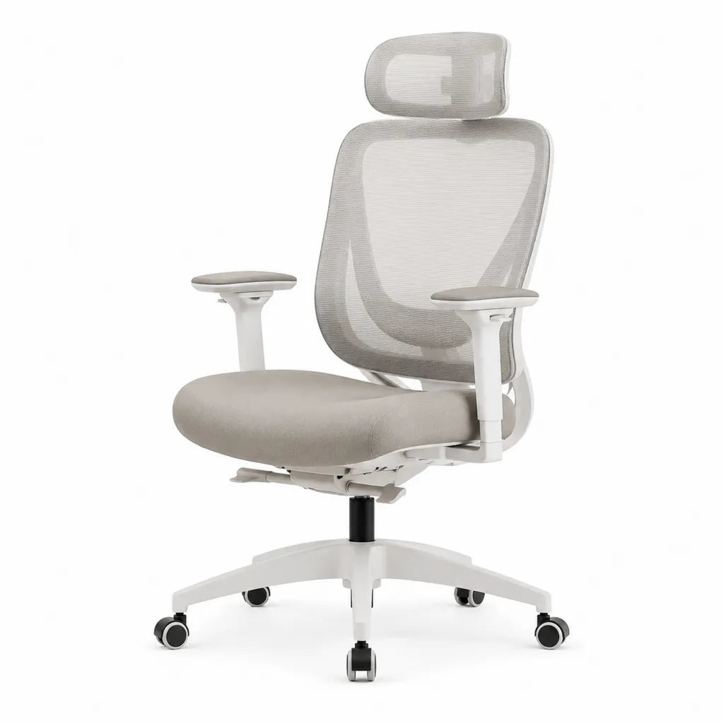 Sedia da ufficio ergonomica girevole con poggiatesta rete in poliestere bianco e grigio 64 x 64 x 118-128 cm