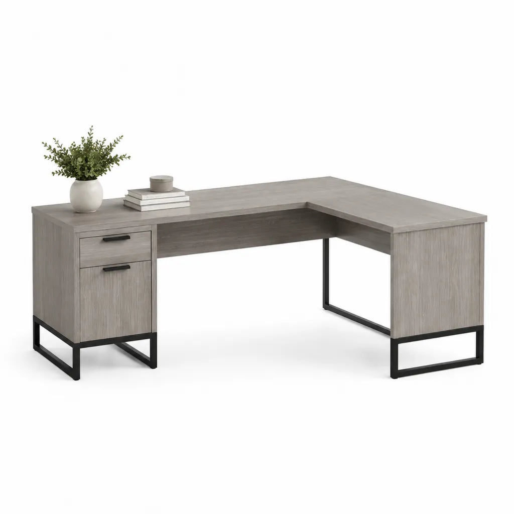 Scrivania angolare con 2 cassetti in pannello truciolare e acciaio a L grigio e nero 150 x 120 x 75 cm