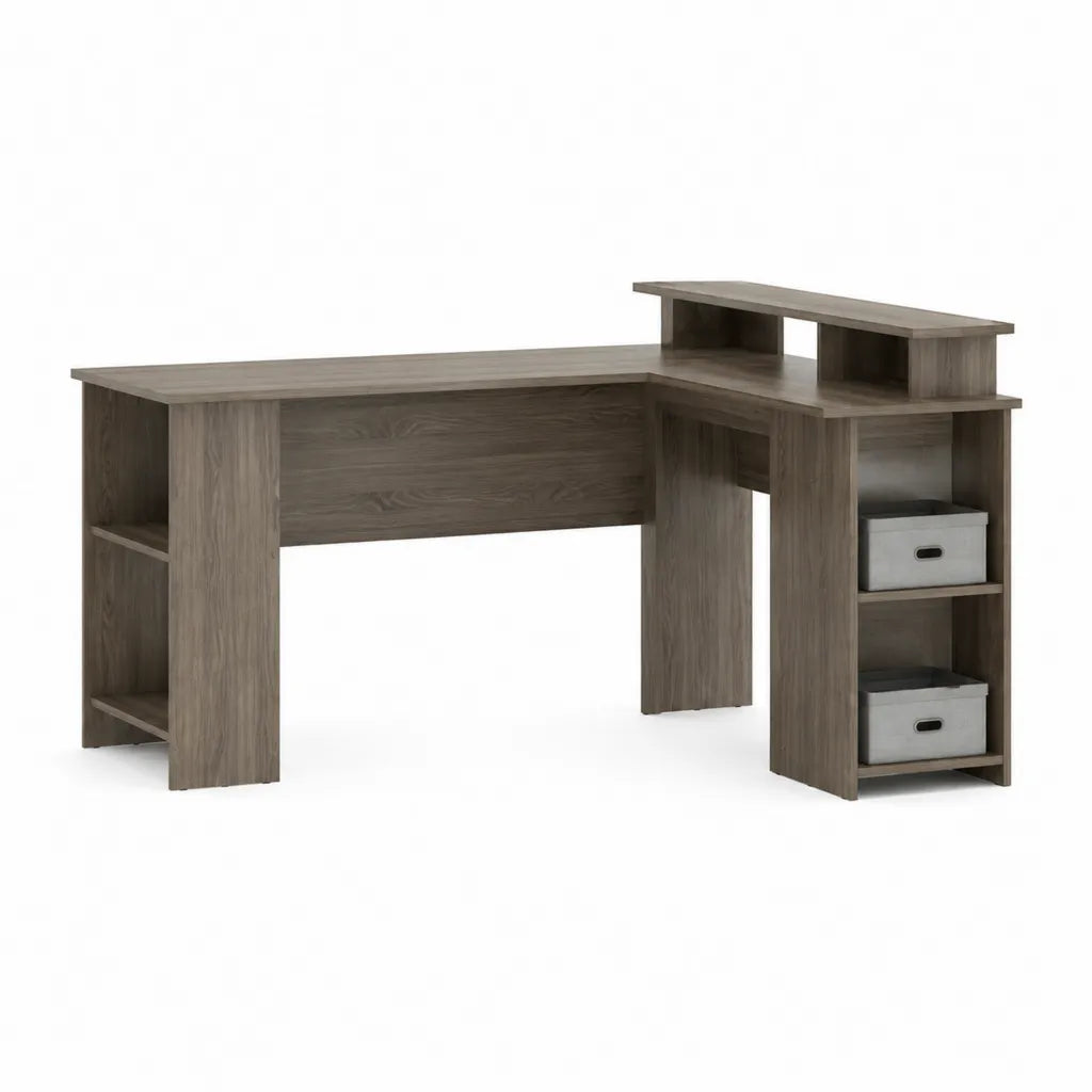 Scrivania da ufficio con ripiani e vani portaoggetti 120 x 60 x 95 cm in truciolare grigio rovere forma angolare