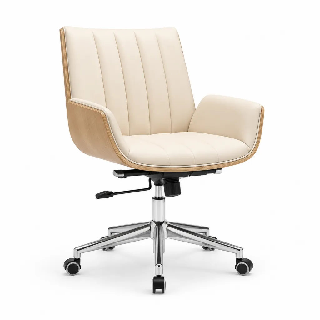Sedia da ufficio girevole regolabile con braccioli in similpelle PU crema e compensato 62 x 62 x 90-100 cm