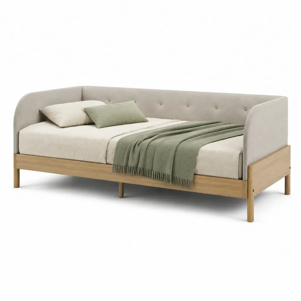 Divano letto singolo 90 x 200 cm con struttura in pino massello e rivestimento in poliestere beige