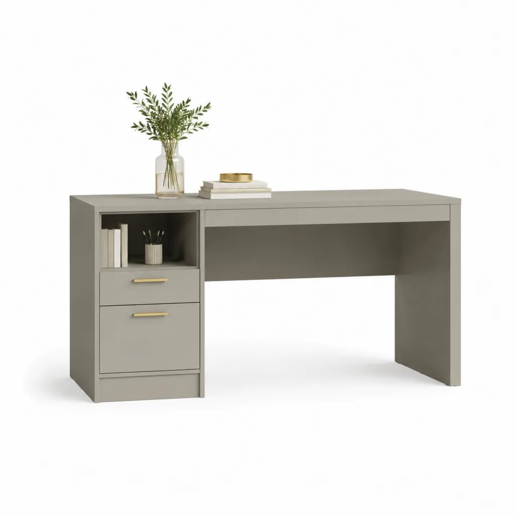 Scrivania da ufficio rettangolare con 2 cassetti e vano a giorno in pannello di particelle grigio tortora 120 x 60 x 75 cm