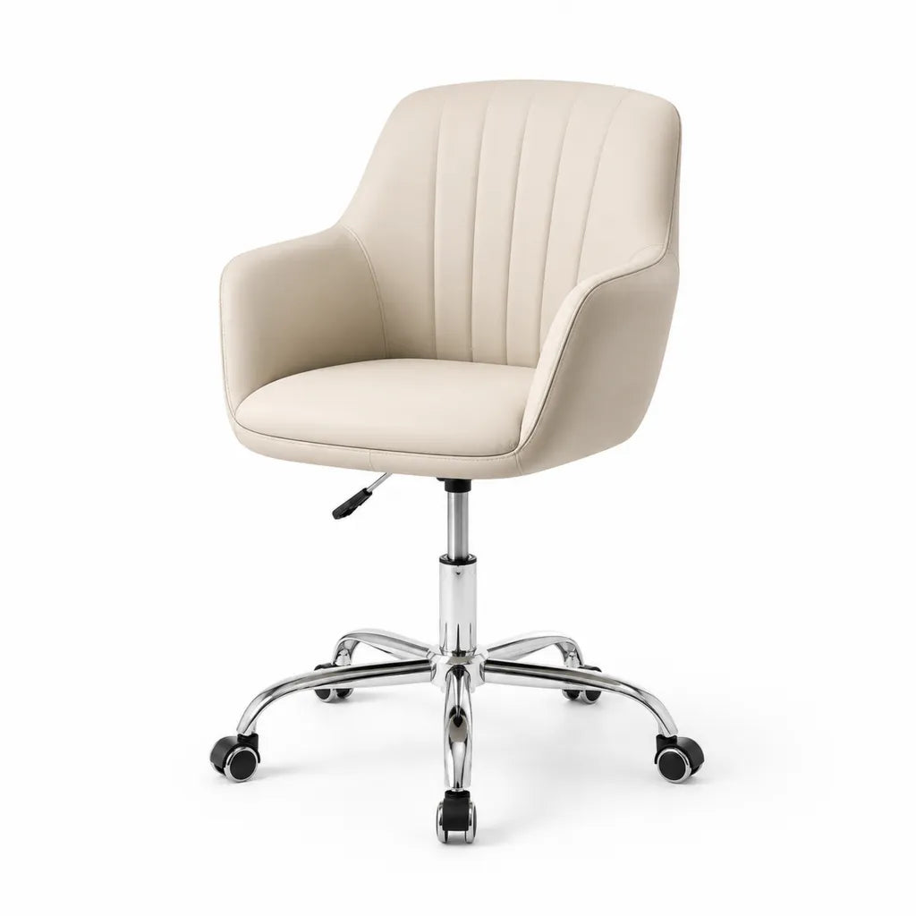 Sedia da ufficio girevole in pelle PU beige con braccioli e altezza regolabile 60 x 60 x 84-94 cm